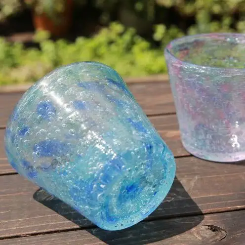 【ガラス工房雫】泡花口広カップ＜朝顔＆紫陽花＞2個セット