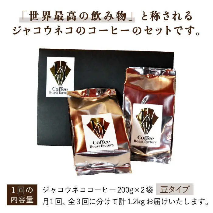 【全3回定期便】【豆タイプ】ジャコウネココーヒー200g×2（400g）3回合計1.2kg 吉野ヶ里町/ラジャコーヒー[FBR058]