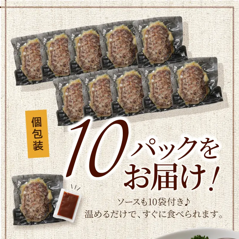 本格調理済ハンバーグ10食 特製ソース付【001-0010】ハンバーグ 惣菜 冷凍 湯せん レンジ 10個 真空 個食 パック 送料無料