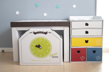 子供用ダンボール家具　ジュニアデスクチェア＆お片づけボックス＆１個・２個引き出しセット◇≪ダンボール 段ボール 収納 家具 段ボール家具 ダンボール家具 軽い 子供用 子供 キッズ おしゃれ デスク 机 お片付け 引き出し 子供部屋≫【カラー：青】