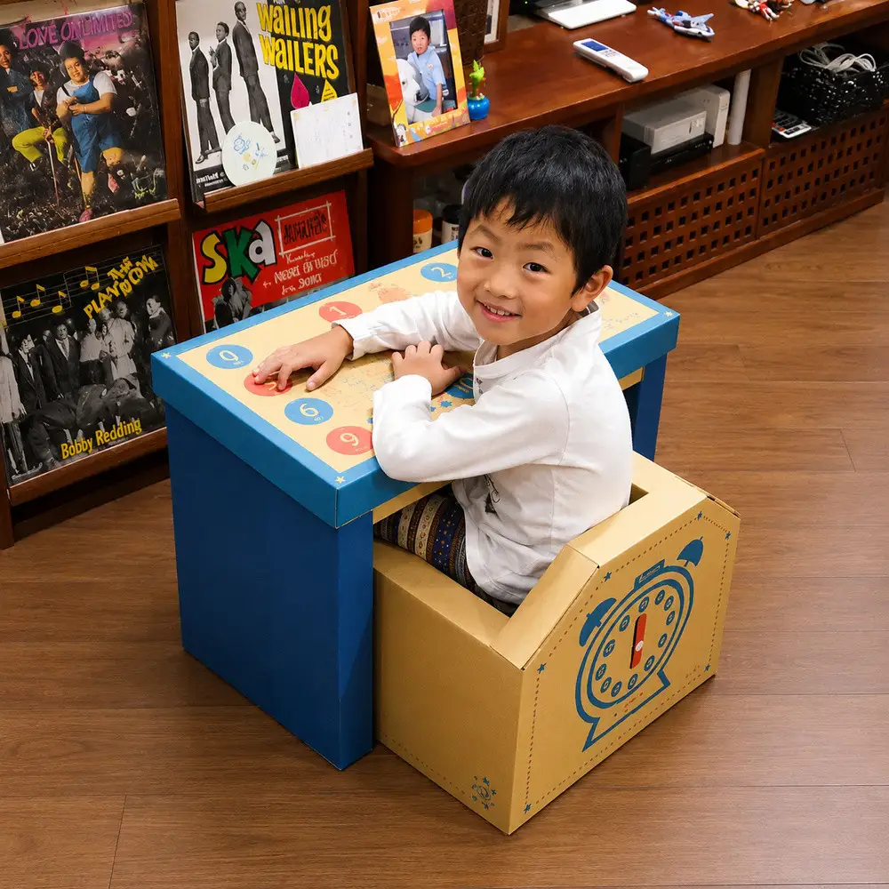 成長に合わせて使える段ボール家具　ジュニアデスクチェア&おうち型収納ボックス◇【青色セット】｜家具