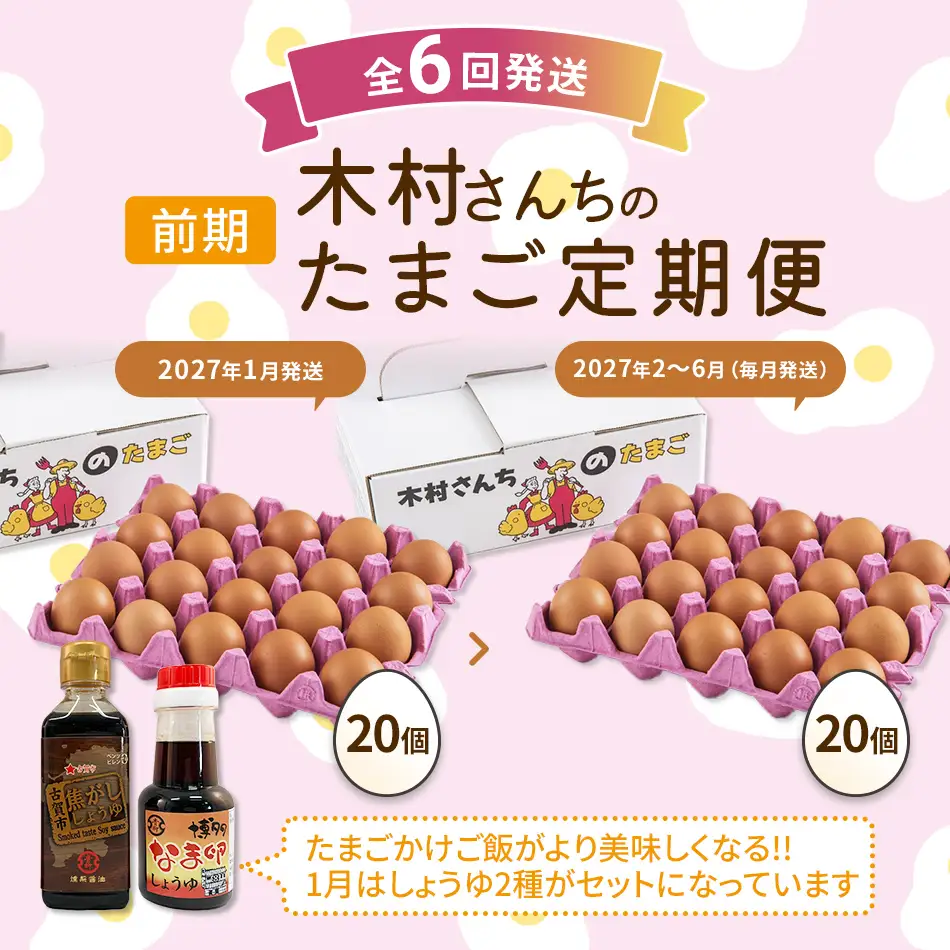 木村さんちのたまご前期定期便 6回発送（初回のみ醤油付き・たまご20個 M～L）20個×6回 合計120個 定期便 6ヶ月 卵 赤玉 送料無料 【2027年1月～6月の計6回お届け】