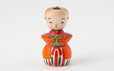 FYN9-580 ＜菊摩呂こけし工房＞ 福助こけし 橙柄 工芸品 伝統 インテリア 置物 縁起物 山形県 西川町