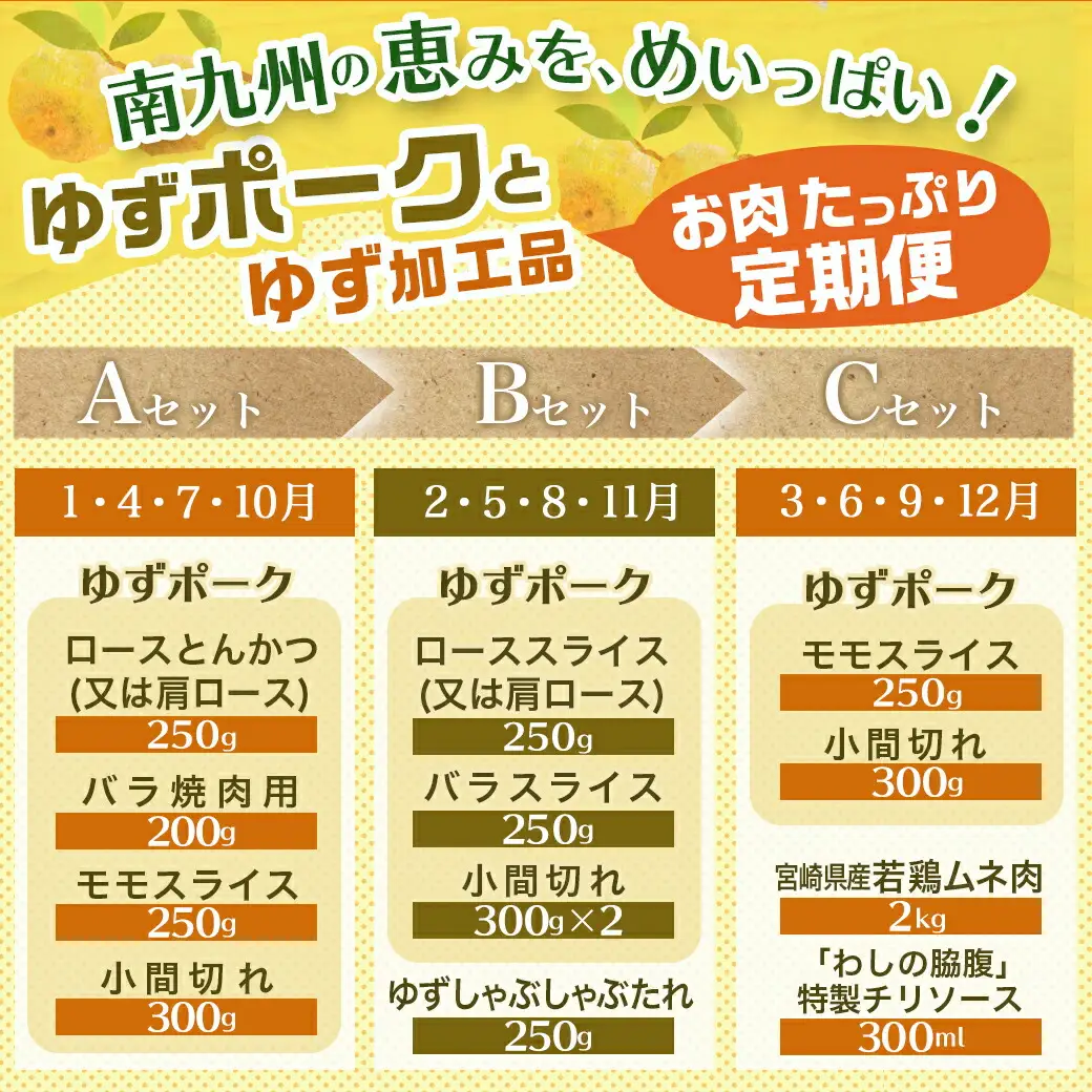 全部真空パック！5回お届け☆都城産豚「ゆずポーク」とゆず加工品の定期便〔TAA5-1405〕_(都城市) 国産豚肉 さっぱりとした食感 5ヶ月定期便 月に1回お届け 5ヶ月連続 