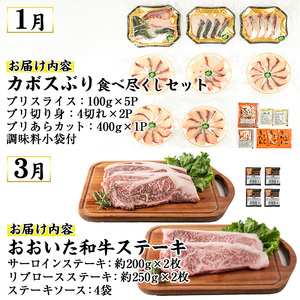 ＜先行予約受付中！2027年1月中旬より配送開始予定＞＜定期便・全4回＞味力全開! 佐伯の煌き 春夏秋冬 定期便 (該当月にお届け) 鰤 ブリ ステーキ サーロイン リブロース 焼肉 とらふぐ 刺身 ふぐ 鍋 セット 【BR114】【佐伯市ふるさと納税事業者協議会】