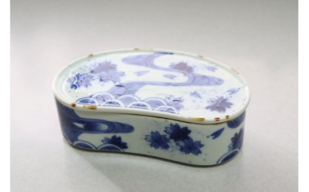 有田焼 染付桜流水青海波 繭型蓋物 16.5cm 大慶 ci072