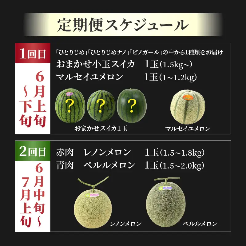 【先行予約】《定期便全2回》佐藤農園のフルーツ定期便 朝採り 計4玉（小玉スイカ・マルセイユメロン・レノンメロン・ペルルメロン）農家直送 秀品 お届け！※2027年5月下旬～7月末の間に順次発送 [aw069-b001]