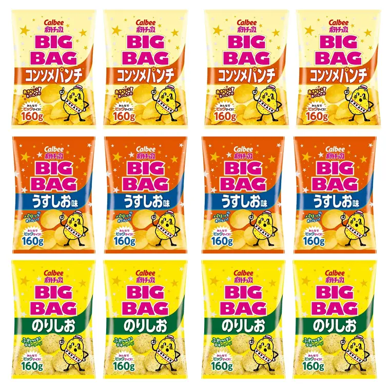 【ふるなびWEEK対象】 【最短3営業日！スピード発送】 カルビー ポテトチップス BIGBAG 160g 3種 各4袋セット (計 12袋 ) うすしお ・ のりしお ・ コンソメパンチ