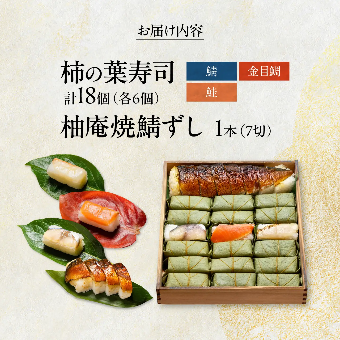 寿司 柿の葉ずし 鯖・鮭・金目鯛 各6個＆柚庵焼鯖ずし 1本 [BRAK012]
