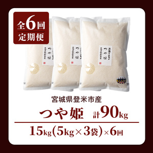 【6回定期便】≪令和8年産≫ つや姫 精米 計90kg(15kg×6回) 宮城県登米市産 お米 おこめ 米 コメ 白米 ご飯 ごはん おにぎり お弁当 6か月 頒布会【株式会社近藤農産】tm505