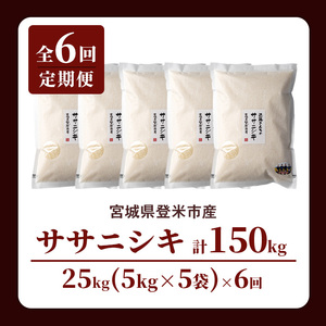 【6回定期便】≪令和8年産≫ ササニシキ 精米 計150kg(25kg×6回) 宮城県登米市産 お米 おこめ 米 コメ 白米 ご飯 ごはん おにぎり お弁当 6か月 頒布会【株式会社近藤農産】tm513