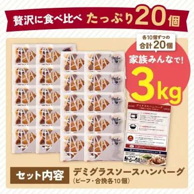 Z61-31F 【ふるなびWEEK対象】どっちのハンバーグ!?デミグラスソース20個セット（ビーフ・合挽 各10個） ハンバーグ