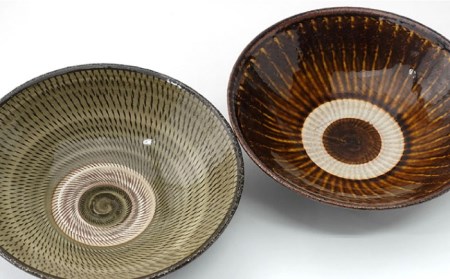 【波佐見焼】Folk Design 黄釉飛びカンナ＆飴釉打ち刷毛 目剥平鉢 ボウル 16cm ペアセット 食器 皿 【玉有】 [IE25] 波佐見焼