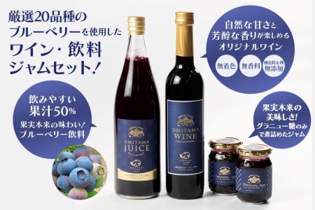 小美玉ブルーベリーワイン1本・果汁50％ブルーベリー飲料1本＆ブルーベリージャム2個セット ブルーベリー ワイン ブルーベリーワイン ジャム ブルーベリージャム フルーツ ビタミンE ドリンク 栄養 目にいい 美容 ギフト 贈り物 茨城県産 セット お酒 9-C