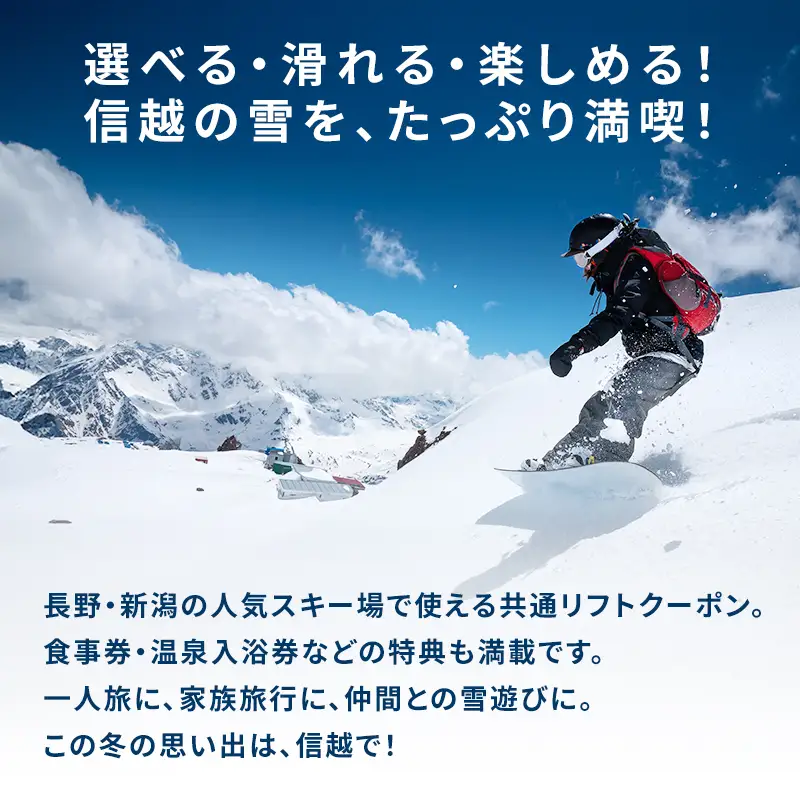 信越自然郷スーパーバリューチケット 共通リフト券(5枚綴り券) スキー スノボ 長野 新潟 国内 最大級 スキー場 食事券 温泉 入浴 特典 ウインタースポーツ