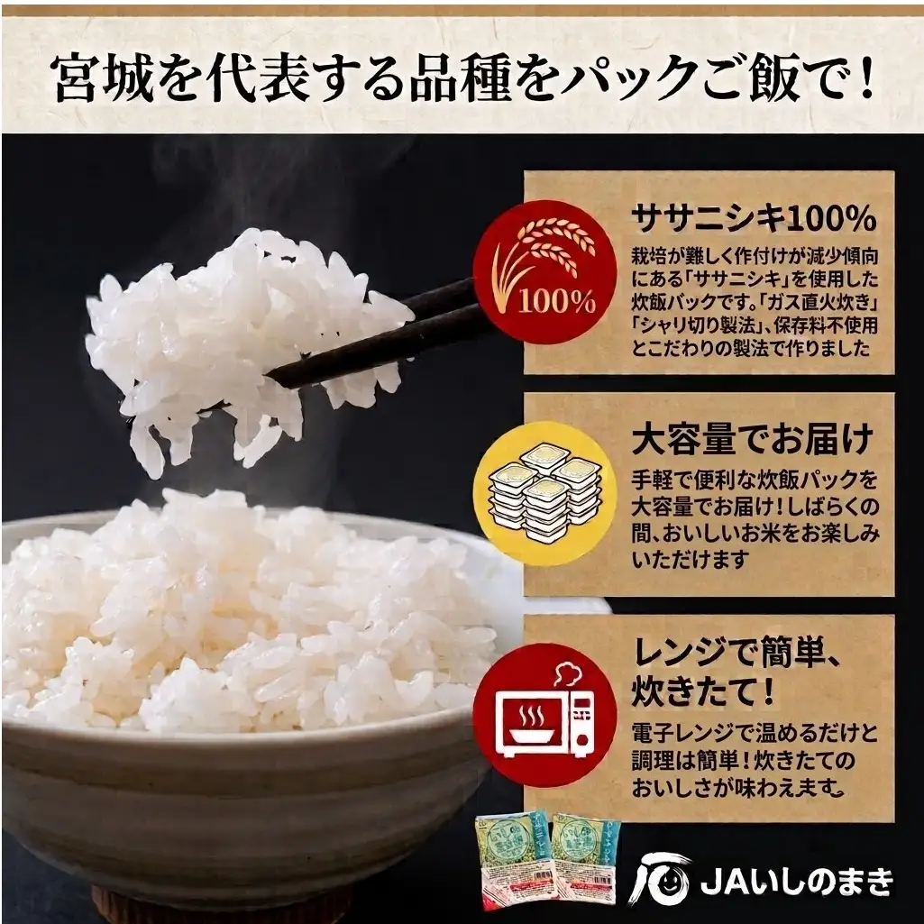 ご飯パック 宮城県産 ササニシキ 180g 24個 パックライス パックごはん ごはん パック レトルト ライス コメ ご飯 常温 米 白米 真空パック 24食 ささにしき 炊飯パック 簡単 手軽 電子レンジ 簡単調理 ゴハン こめ お米 保存食 非常食 防災 国産 宮城県 石巻市 送料無料