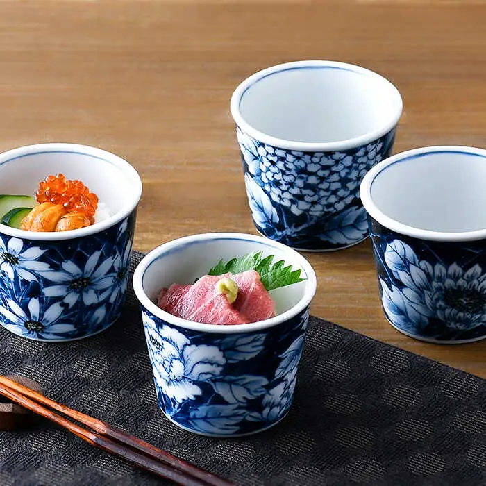 【波佐見焼】花絵染付 そばちょこ 4点セット 食器 皿 【青以窯】 [HD06] 波佐見焼
