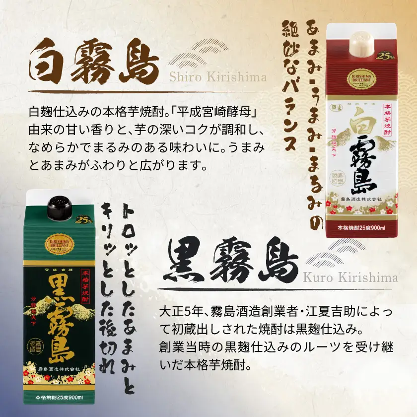 コンパクトパック！霧島25度900ml4種6本セット≪みやこんじょ特急便≫〔21-82-016-Q〕_(都城市) 芋焼酎 黒霧島25度 赤霧島25度 白霧島25度 黒霧島EX25度 900ml×6本 本格焼酎