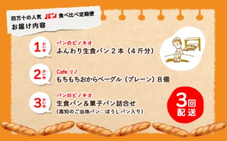 39210-999-9024．【3回定期便】ふんわり・もっちり美味しい！四万十の人気パン食べ比べ定期便