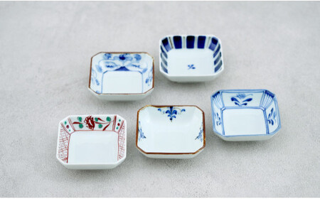 皓洋窯 有田焼 隅切小皿絵変わり5点セット 5枚 正方形 取り皿 食器 うつわ 器 ギフト 贈り物 35000円 3.5万円 dl002