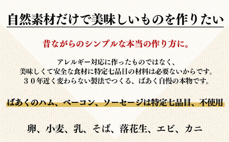無添加 5大アレルゲン不使用 ばあく豚 の よくばり セット （ ハム ・ ベーコン ・ ソーセージ 詰合せ ） | 肉 にく ニク お肉 焼肉 奈良県 五條市 手作り 無添加 奈良県 金剛山麓 冷凍 甘味 お取り寄せ グルメ 送料無料 手作りハム・ソーセージ工房ばあく 手作り 加工品 豚 ポーク スパイス 山桜 スモーク 自慢 安心 にんにく こだわり ボンレスハム スモークベーコン ボーン