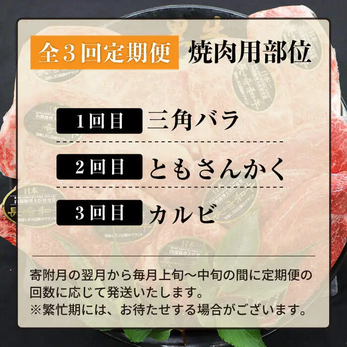 【焼肉大会】【3回定期便】長崎和牛 焼肉用部位×3回定期便＜株式会社 黒牛＞ [CBA047]