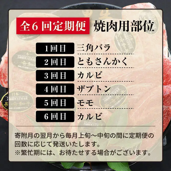 【焼肉大会】【6回定期便】長崎和牛 焼肉用部位×6回定期便＜株式会社 黒牛＞ [CBA048]