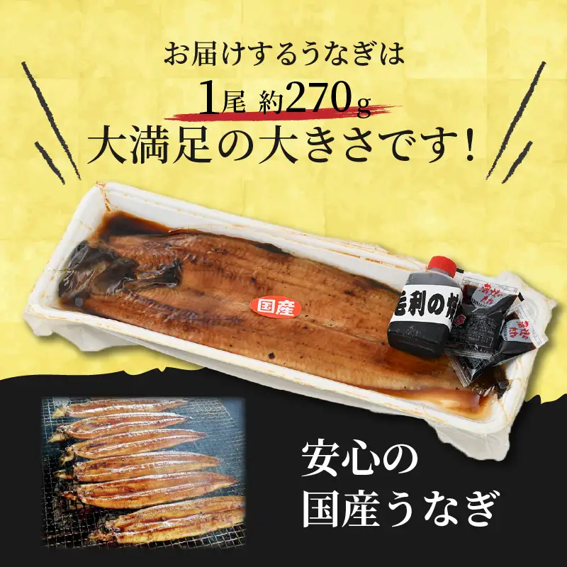 国産 活うなぎ蒲焼 有頭 約270gを1尾 1～2人前《ご寄付後、発送直前に1つ1つ手焼き！》【年内発送受付12月15日まで】／ 高級 特大 鰻 ウナギ 蒲焼き 老舗魚屋 タレ レンジ 温めるだけ 簡単 土用の丑 うな重  うな丼 自家製タレ付き [aw072-a001]