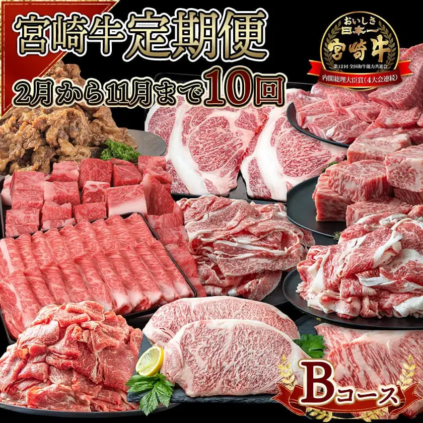 宮崎牛定期便(10回お届け) Bコース〔N25-002-T10〕_(都城市) 宮崎牛 肩ロース サーロイン モモ ロース バラ カルビ 赤身 リブロース スライス ステーキ サイコロ 切り落とし 鉄板焼き 味噌漬け