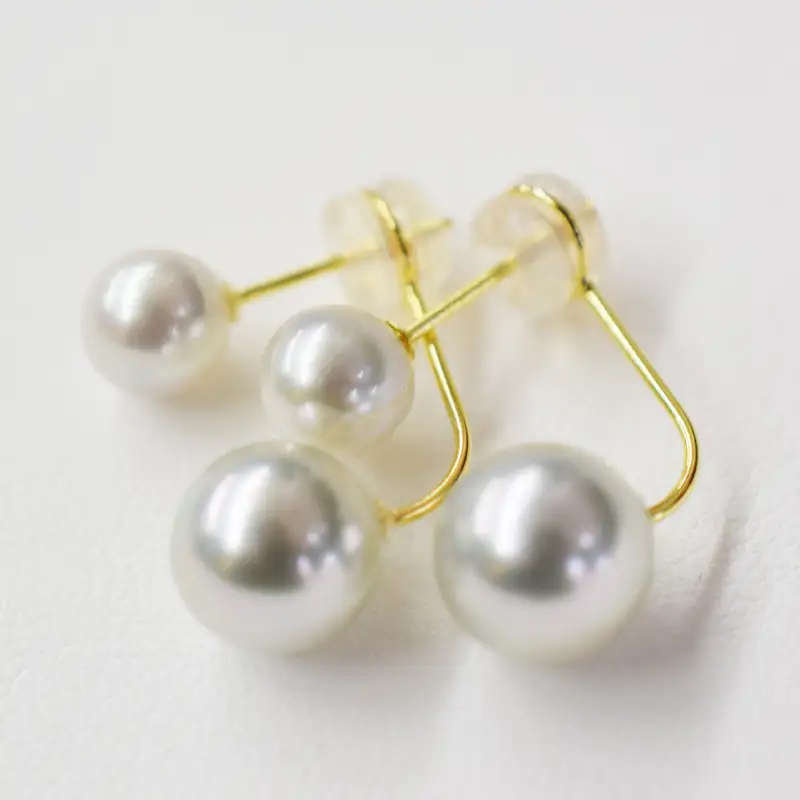 S101-252_天草産 6mm-6.5mm＆8mm-8.5mm ピアス あこや真珠 ナチュラル スタッド ダブルパール L字 K18 K14 真多麻級