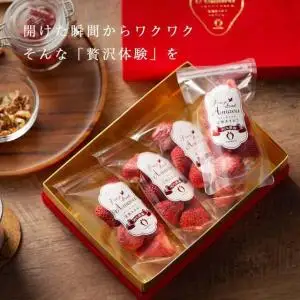 形も味も生のまま！武下さんちの完熟あまおうフリーズドライ 12g×4袋セット 赤いVIPボックスに入れて！