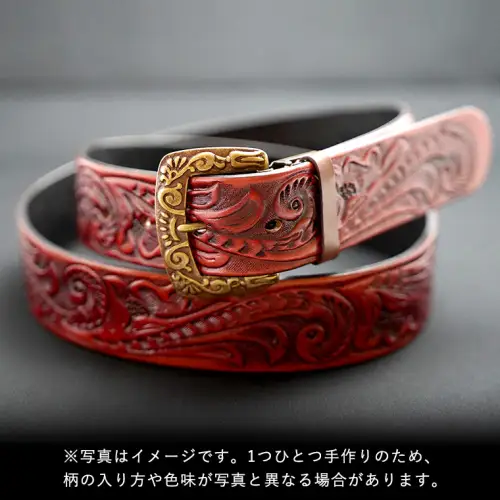 牛革ベルト（花柄・アンティークコードバン染め）【太さ40mm / 厚さ3.7mm / M(110cm)】 牛革 父の日 手作り ベルト 革製品 [BE016ya-M]
