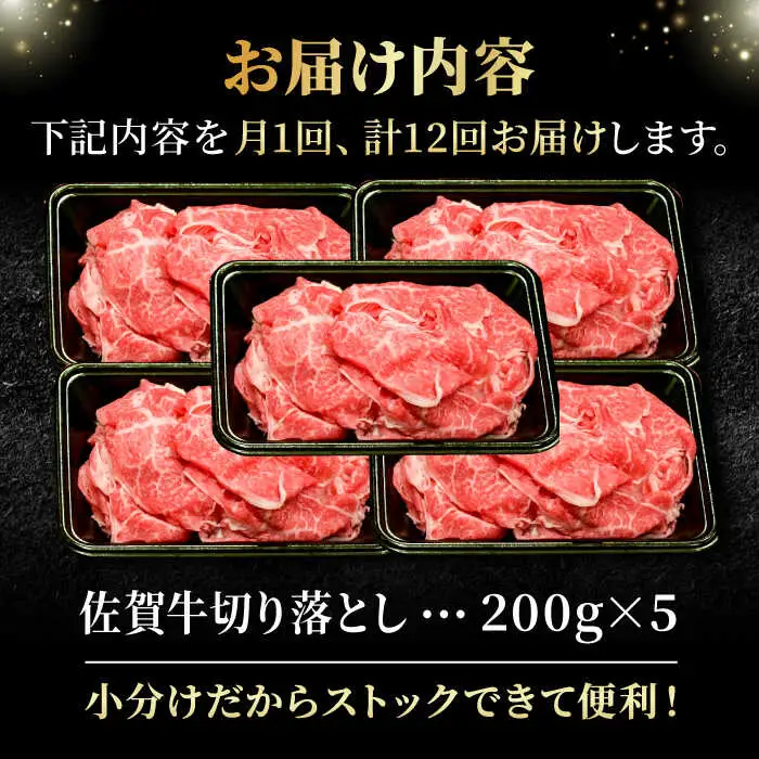 【全12回定期便】＜しゃぶしゃぶにもおすすめ！＞佐賀牛 A5 ランク切り落とし 1kg（200g×5）吉野ヶ里町 /meat shop FUKU 黒毛和牛 国産 佐賀県産 A5等級[FCX010]