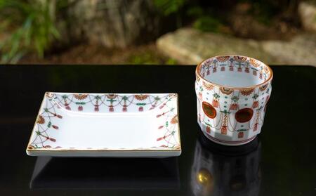 【柳桜園×京焼】最高級茶各種詰合せ×京焼茶器セット（叶松谷作  赤絵金襴手瓔珞湯碗＆赤絵金襴手瓔珞角皿)