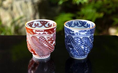 【柳桜園×京焼】最高級茶各種詰合せ×京焼茶器セット（叶松谷作  捻祥瑞意染付湯呑＆捻祥瑞意赤絵湯呑)