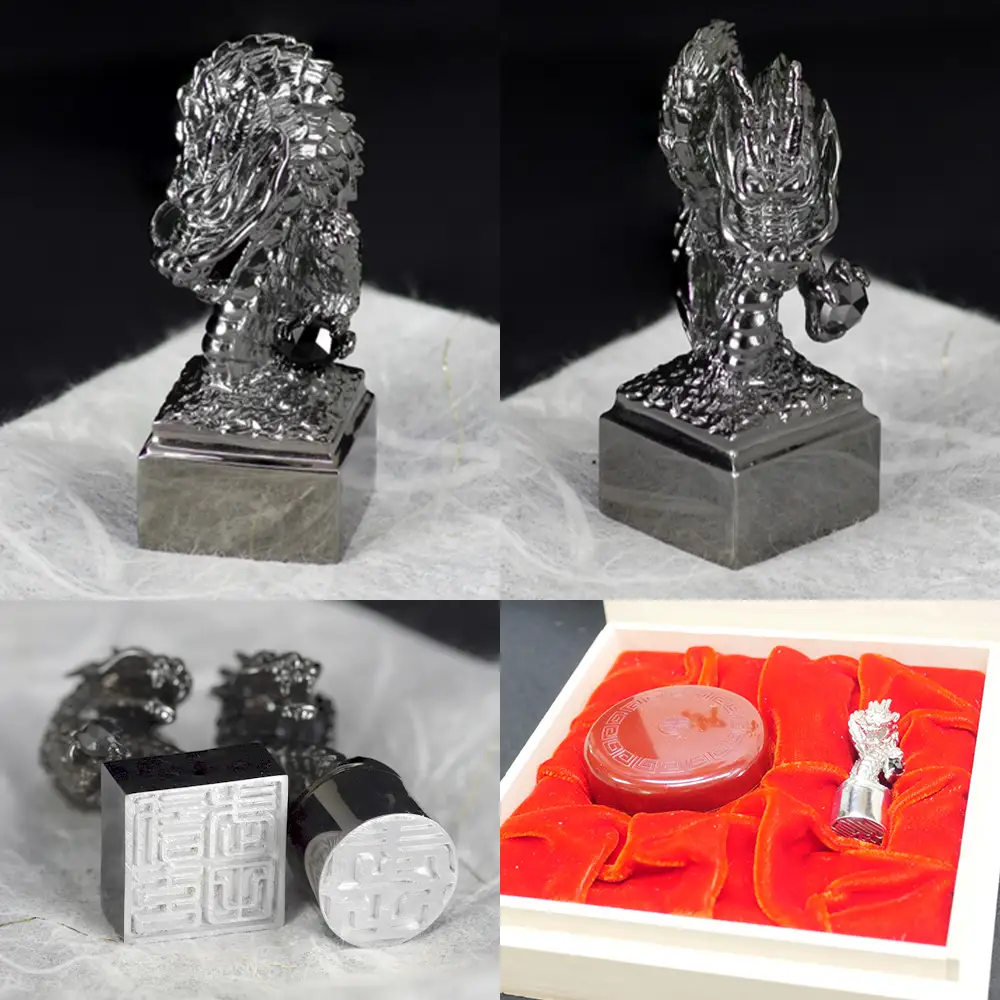 印鑑 龍モチーフ 角印 SV925 シルバー925 〔工芸品〕（stamp-003） [山梨 印鑑 ハンコ はんこ 宝石 ブラックダイヤモンド] 山梨県 甲斐市 BR-63