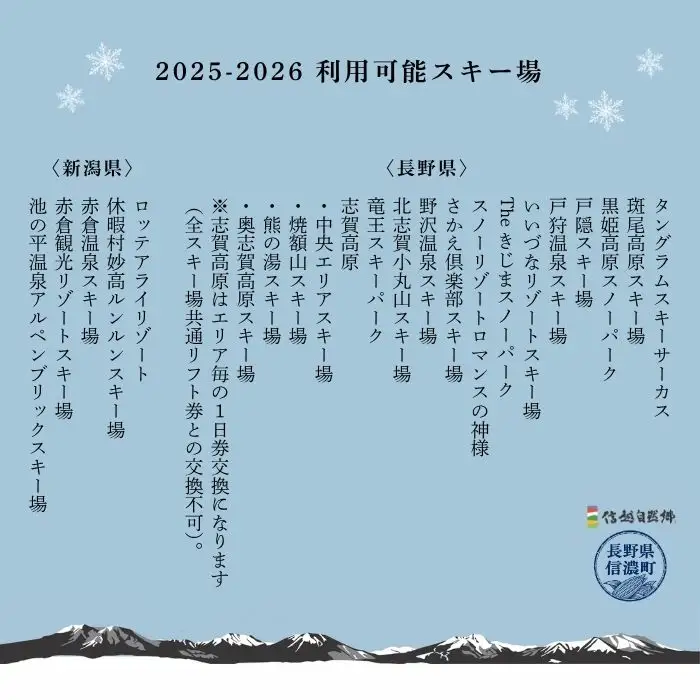 枚数限定＜信越自然郷スーパーバリューチケット＞長野県・新潟県の21ヶ所のスキー場で使えるリフトクーポン券5枚綴り！2026-2027 ｜ 体験型返礼品【長野県 信濃町 ふるさと納税】