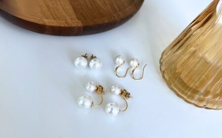 コットンパール「ホワイト」ピアス３点セット(ゴールド)