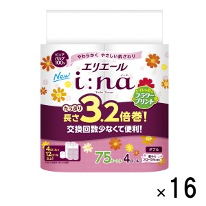 0026-10-01　エリエール i：na（イーナ）トイレットティシュー 3.2倍巻 フラワープリント 4ロール （ ダブル ）× 16パック （ 64個 ） トイレットペーパー 3.2倍 パルプ100% 香り 75m