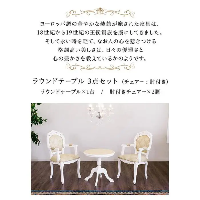 コモ ラウンドテーブル フランシスカ肘付きチェア2脚 3点セット ホワイト AKU1006944