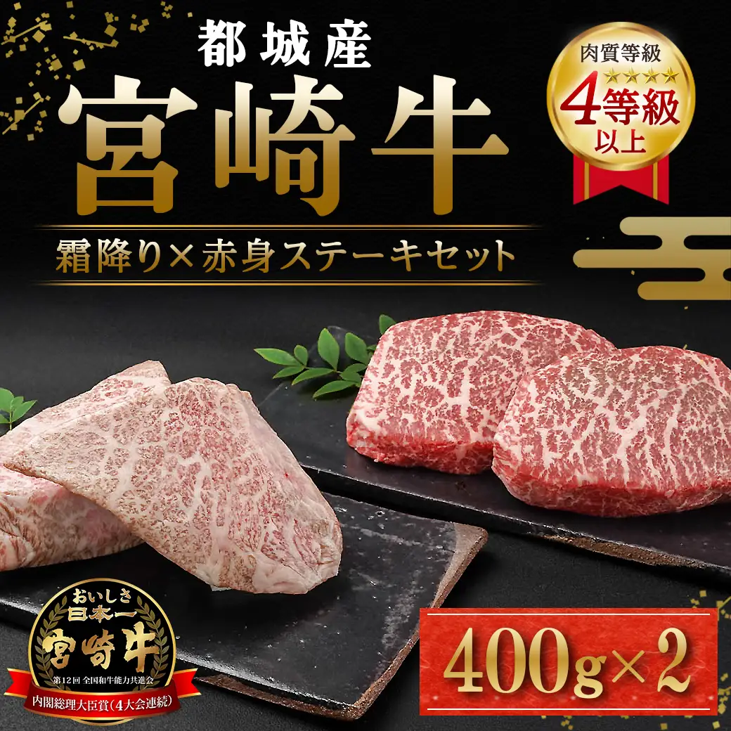 宮崎牛霜降り400g×赤身ステーキ400gセット〔AE-I501〕_(都城市) 都城産宮崎牛 霜降りステーキ 赤身ステーキ ステーキ用 4等級以上