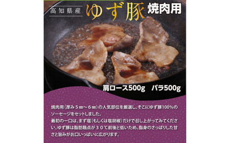 【高知のブランド豚/ゆず豚】厳選部位の焼肉セット（約1.4kg）- 焼肉用 肩ロース500g バラ500g ソーセージ5本入り×2P 