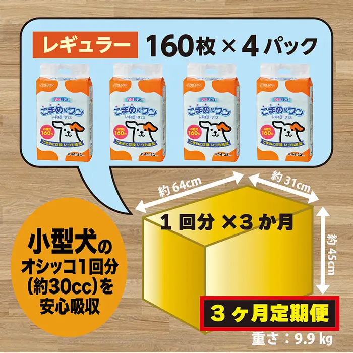 297【3ヶ月連続お届け】定期便 3回 ペットシート こまめだワン レギュラー 160枚×4袋 クリーンワン ペットシーツ 犬用 抗菌 こまめに交換 いつも清潔