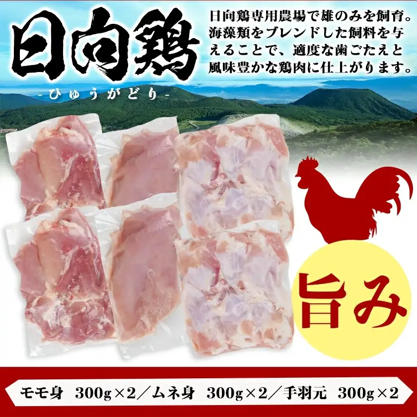 日向鶏モモ・ムネ・手羽元1.8kgセット(300g×6)〔MJ-5408〕_(都城市) 日向鶏 モモ身 ムネ身 手羽元 1.8kg ヘルシーチキン チキンステーキ 唐揚げ ムネ身 チキン南蛮 炒め物 蒸し調理 サラダチキン 手羽元 フライドチキン等