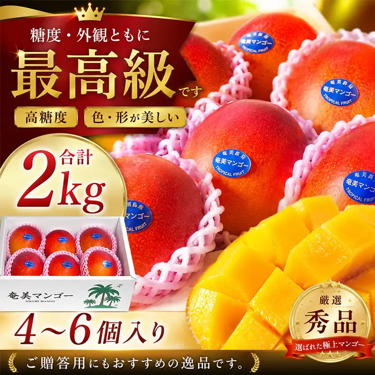 【2026年 観光雑誌付き】奄美産マンゴー 秀品・美玉2kg とろける甘さの黄金果肉 樹上完熟 A052-020