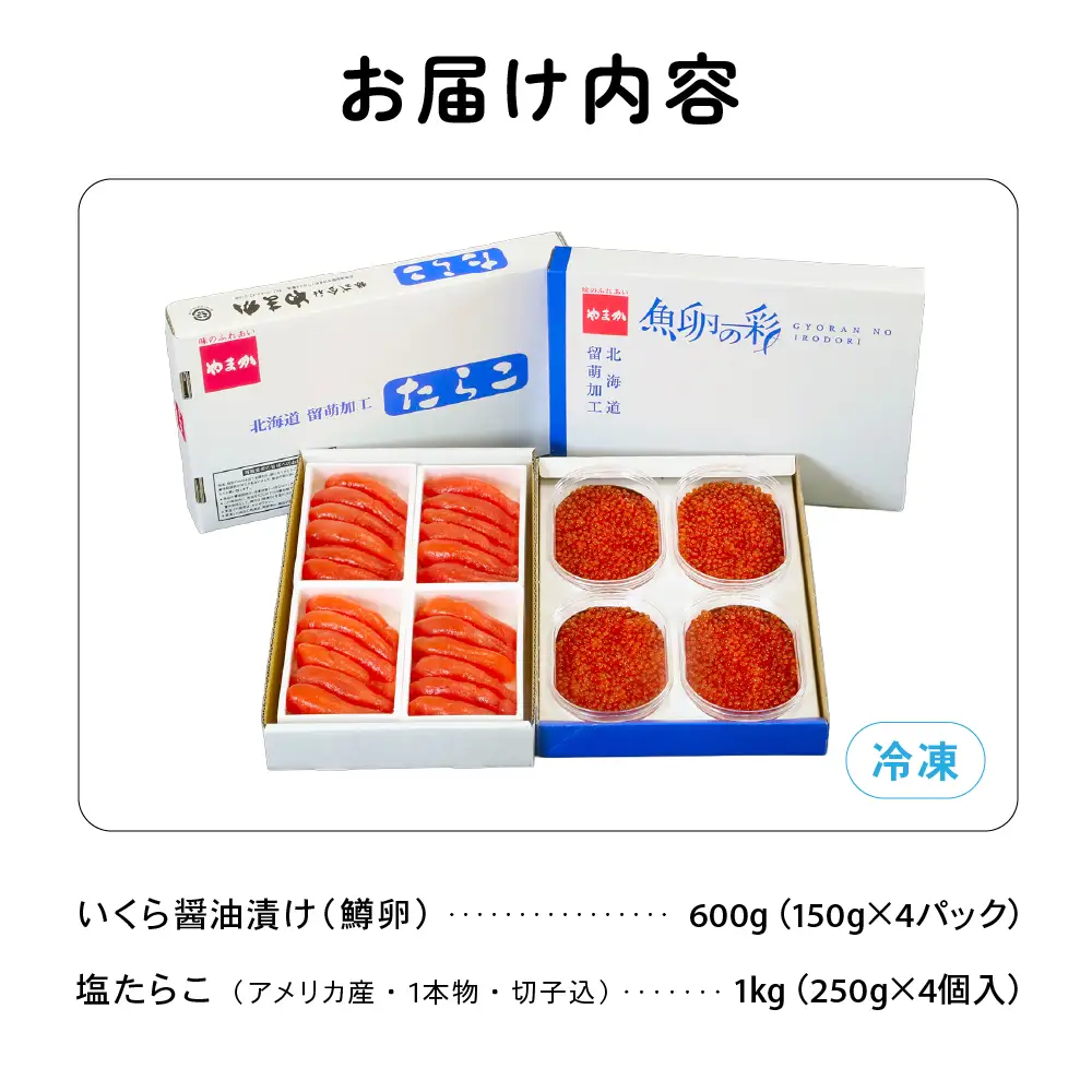 いくら醤油漬け600g･塩たらこ（1本物・切子込）1kg お正月 人気 魚卵 高級 イクラ 鱒いくら 魚卵 魚介 魚介類 海鮮 ご飯のお供 ごはんのお供 北海道 留萌 おせち R001-029