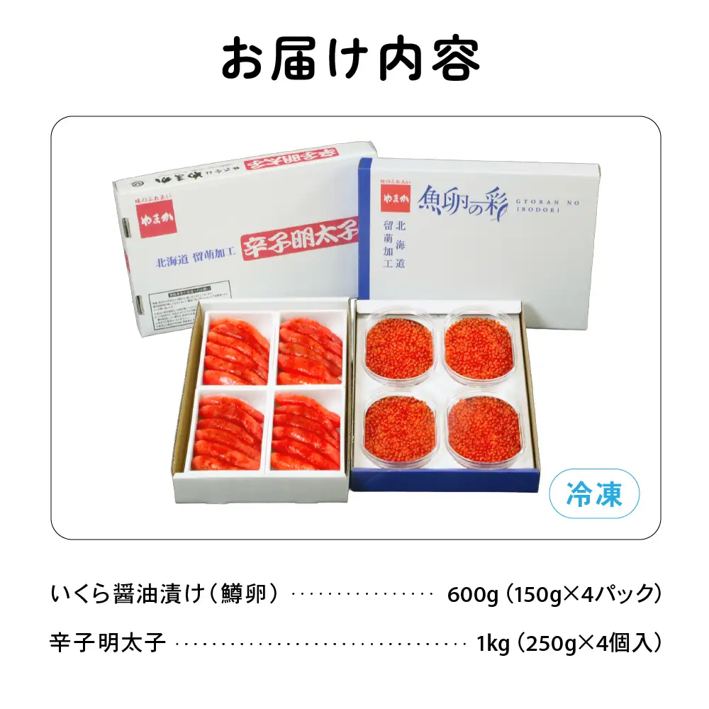いくら醤油漬け600g･辛子めんたいこ（1本物・切子込）1kg お正月 人気 魚卵 高級 イクラ 鱒いくら 魚卵 魚介 魚介類 海鮮 ご飯のお供 ごはんのお供 北海道 留萌 おせち R001-030