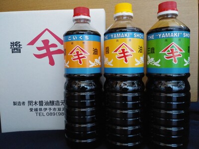 調味料 愛媛 閏木醤油（濃口、うす口、三歳醤油）3本セット 送料無料 三歳醤油 濃口醤油 薄口醤油 しょうゆ こいくち うすくち 老舗 伊予市｜B112