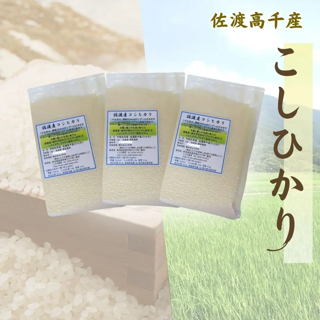 【令和7年産】佐渡産高千産こしひかり 真空包装(精米)1kg×9袋