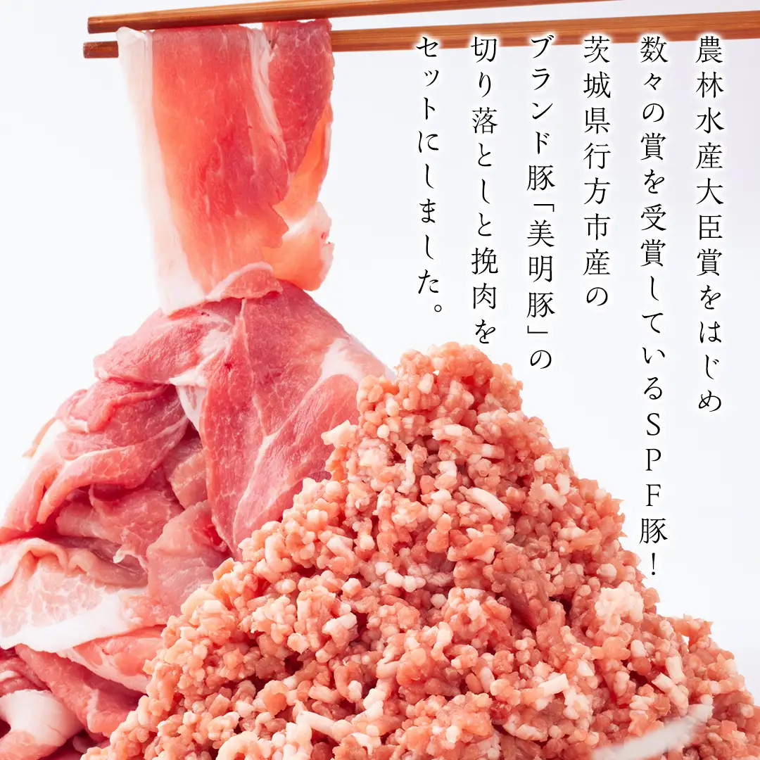 美明豚 切り落とし 1kg & 挽肉 1kg　計 2kg【茨城県共通返礼品 行方市】 豚肉 国産 銘柄 お手頃 グルメ 茨城県 料理 お肉 肉 豚 ひき肉 ミンチ ミンチ肉 豚こま 豚こま切れ 小間切れ こま切れ ブランド豚 冷凍 小分け [CV003sa]